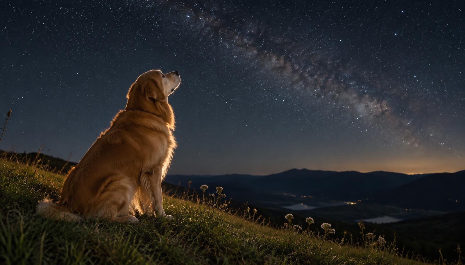 A golden retriever sitting beneath a star-filled night sky