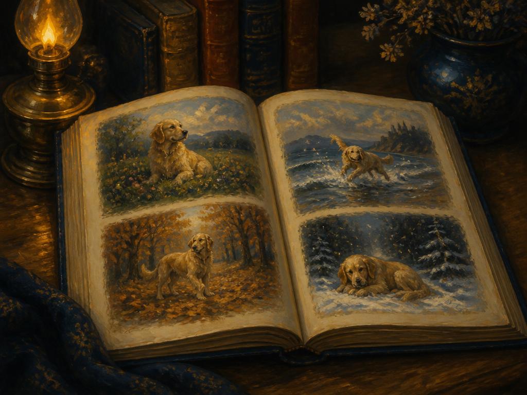 An open illustrated storybook of a dog through the seasons in warm lamplight